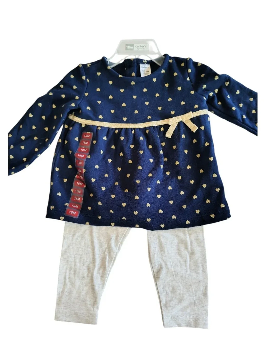 Carters Blue and Gold Heart Bow Matching Long Sleeve Set Size 18 Months